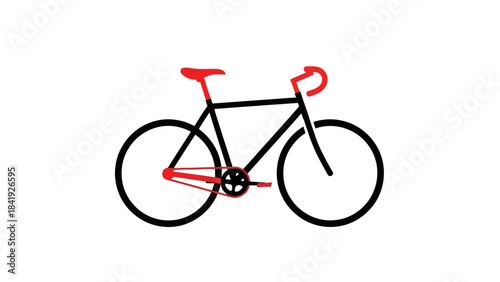 A simplistic graphic illustration of a bicycle, featuring a black frame and red accents on white