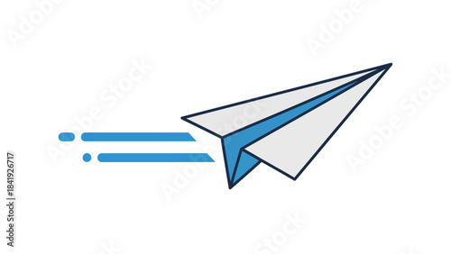 A paper airplane in flight with speed lines, against a white background, minimal design