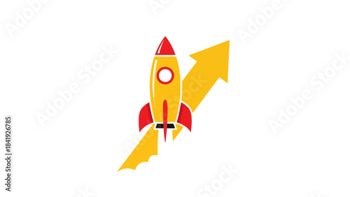 Cartoonish rocket ship with a yellow arrow rising upwards on a plain white background
