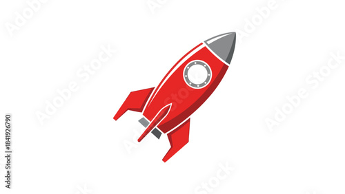 A red rocket with grey nose and fins, with a circular window. It is on a white background