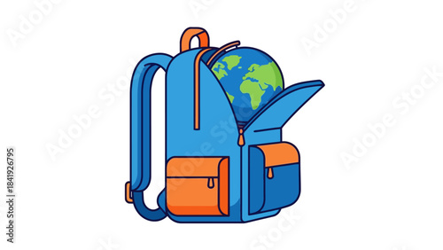 A cartoon backpack, with orange accents, holds a globe, and has the appearance of a schoolbag