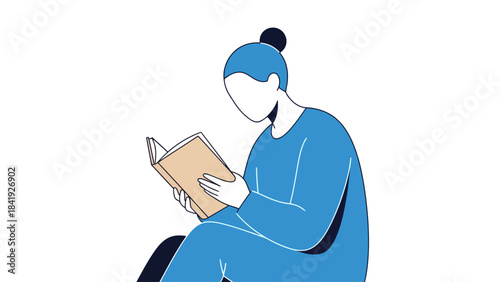 Illustration of a person reading a book, blue clothing, bun hairstyle, and white background