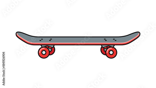 A cartoon skateboard, gray deck with red trim and red wheels, side view