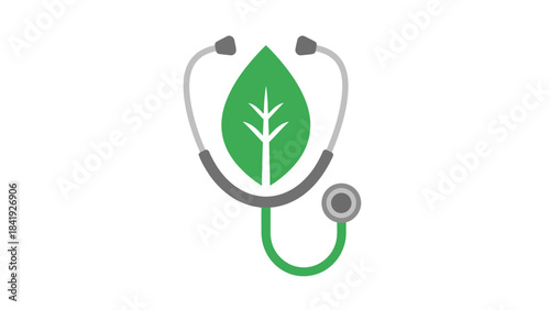 Medical icon; green leaf inside stethoscope, symbolizing natural medicine, healthcare. White background