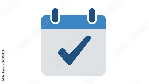 A blue and grey calendar icon with a checkmark, indicating completion