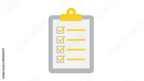 A cartoon-style clipboard icon with yellow accents, featuring check marks, lines and a binder clip