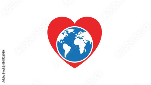Stylized emblem featuring a globe nested within a heart shape, set against a plain white background