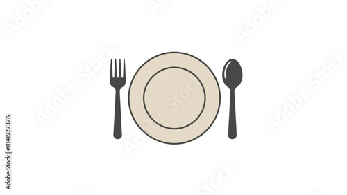 A neutral-toned plate with utensils on a white background, suggesting a dining setup
