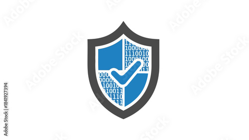 A security graphic showing a shield shape with checkmark, blue & grey colors with binary code
