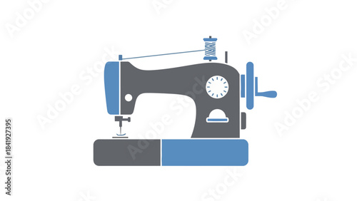 A grayscale and blue-tone illustrated sewing machine on a white background, isolated