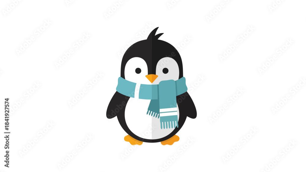 Fototapeta premium Cute cartoon penguin with a blue scarf, standing upright against a white background
