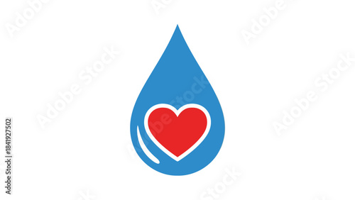 A stylized image of a blue water droplet containing a red heart in the center on a white background