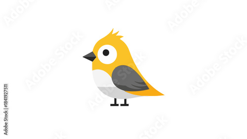 A stylized bird illustration with yellow, gray, white, and black geometric shapes