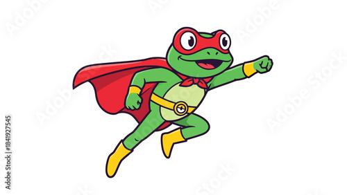 A cartoon frog in a superhero costume, flying with a red cape and mask
