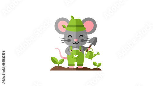 A smiling rodent wearing overalls and a hat, gardening with a watering can and a shovel