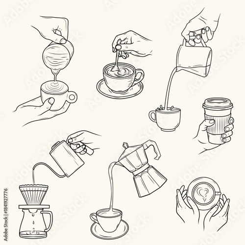 Coffee Clipart Set – Hand Drawn Line Art Coffee Machines, Cups, Beans, Drinks and Brewing Tools – Outline Illustration Collection