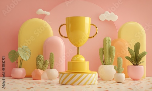 Bright Yellow Trophy Surrounded by Colorful Cacti and Playful Shapes
