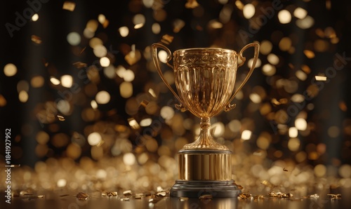 Gleaming Golden Trophy Surrounded by Sparkling Confetti Celebrating Achievement