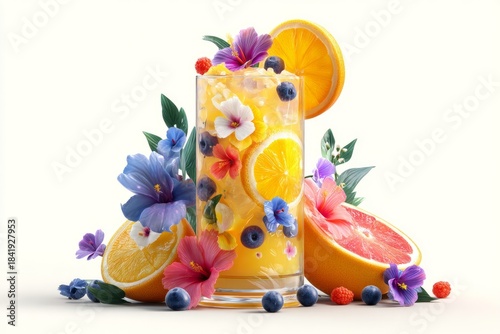 Refreshing Citrus Drink with Edible Flowers and Fresh Fruits on White Background