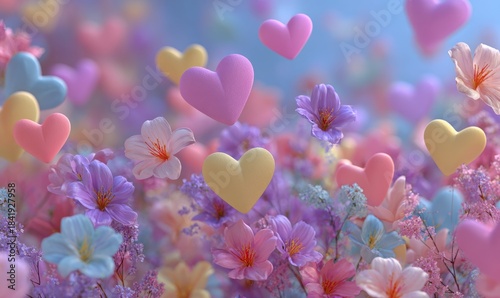 Colorful Hearts and Flowers Creating a Dreamy Romantic Atmosphere in Nature