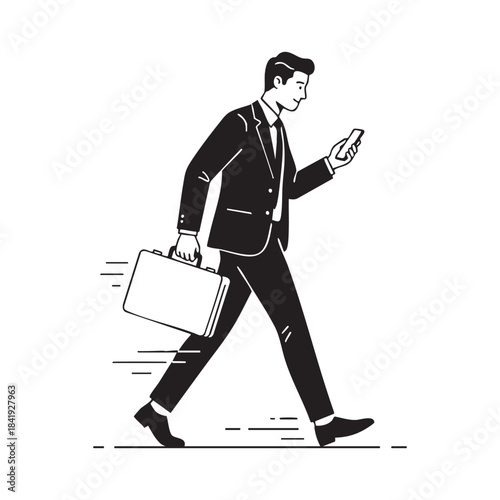 Man in suit walking with briefcase and smartphone businessman