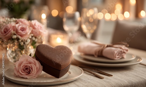 Romantic Dinner Table Setting with Heart-Shaped Chocolate Box and Fresh Roses