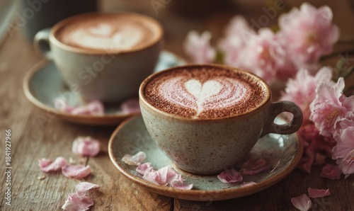 Heart-Shaped Latte Art in Rustic Cups Surrounded by Cherry Blossom Petals