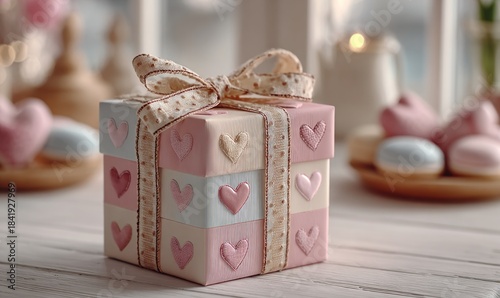 Delightful pastel gift box adorned with heart shapes and ribbon on a wooden surface