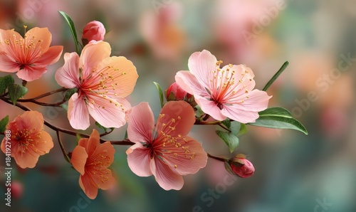 Soft Peach and Pink Cherry Blossoms with Green Leaves Against a Blurred Background