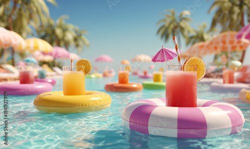 Refreshing Summer Cocktails on Floating Rings in a Tropical Pool Setting