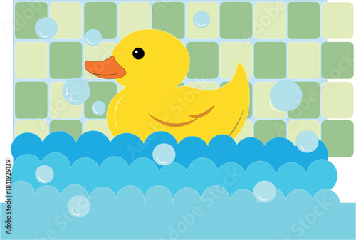 Cute rubber duck in the bath with bubbles and colorful tiled background.