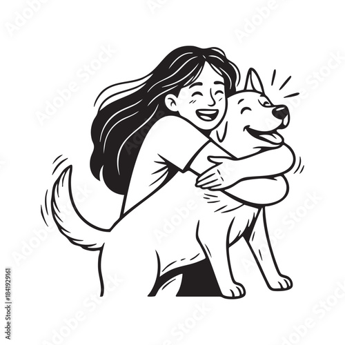 Girl hugging happy dog in black and white illustration vector