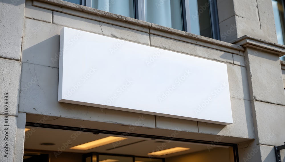Fototapeta premium Blank Signboard on Building Facade: An empty signboard hangs above a building entrance, its clean, minimalist design hinting at the possibilities within. Perfect for advertisement purposes.