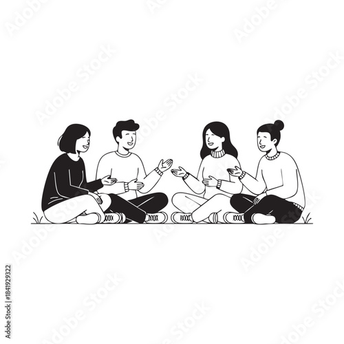 Four people sitting cross-legged on grass talking and gesturing group