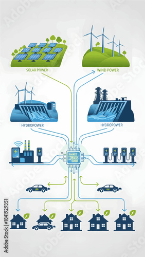 Smart Grid Renewable Energy Sources and Power Distribution Diagram