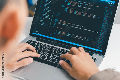 Digital technology, software development concept. Coding programmer, software engineer coding javascript on laptop computer screen, Agile development, digital technology, digital technology