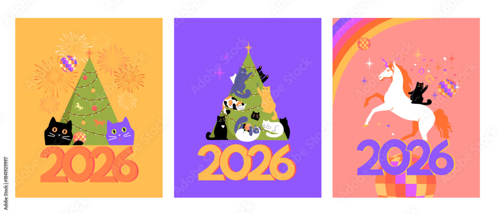 Naklejka premium Funny posters with cats celebrating the New year. A cat on a horse plays with decorations, cats play with a Christmas tree
