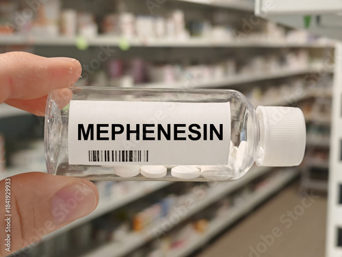 Konstfotografi Box of MEPHENESIN tablets on a hospital pharmacy table used to relieve muscle spasms a muscle relaxant