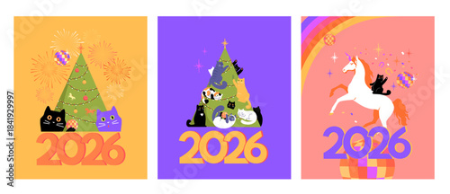 Funny posters with cats celebrating the New year. A cat on a horse plays with decorations, cats play with a Christmas tree