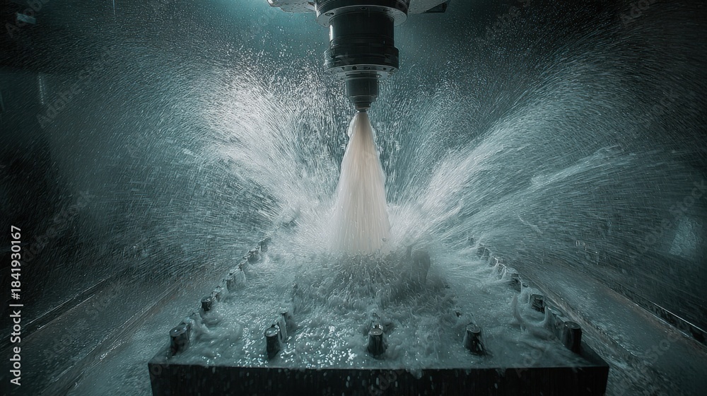Naklejka premium Dynamic medium shot of water spray cooling mechanism on mold emphasizing the powerful consistent spray pattern enhancing cooling performance.