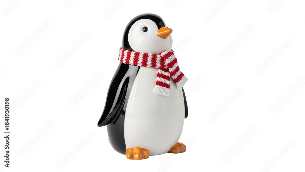 Fototapeta premium Charming penguin figurine with scarf home decor cute indoor close-up whimsical art. Isolated on transparent background, png.