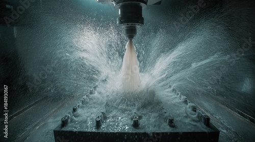 Dynamic medium shot of water spray cooling mechanism on mold emphasizing the powerful consistent spray pattern enhancing cooling performance.