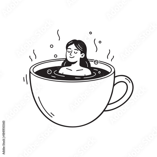 Woman relaxing in a giant coffee cup with steam rising hot drink