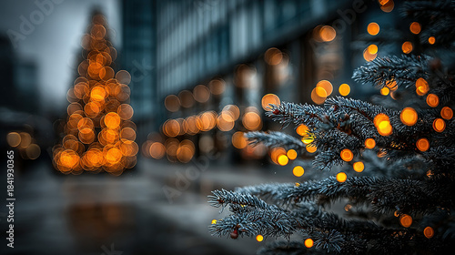 Festively decorated trees with blurred city lights during holiday season.