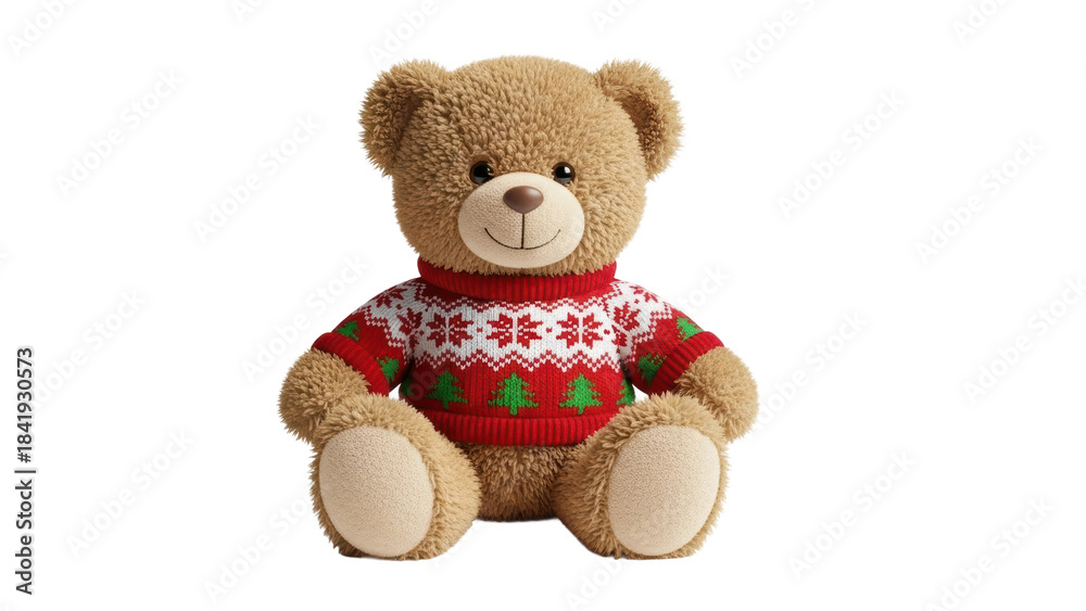 Obraz premium Holiday teddy bear in cozy sweater festive atmosphere plush toy photography indoor setting cheerful concept. Isolated on transparent background, png.