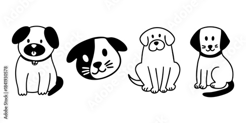 Hand drawn dogs set in outline doodle style. Vector collection of cute puppy illustrations. 
