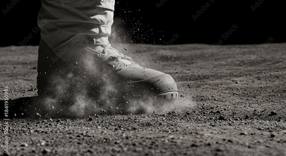 Obraz premium A rugged explorer's boot firmly plants on a desolate, granular lunar-like terrain, sending a cloud of fine dust and small rocks flying under intense, focused light.