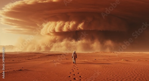 An astronaut walks across a desolate red Martian-like desert landscape, leaving footprints behind while a colossal dust storm looms ominously in the distance.
