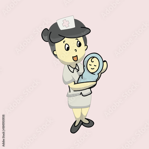 Happy nurse holding a newborn baby in her arms, maternity care concept