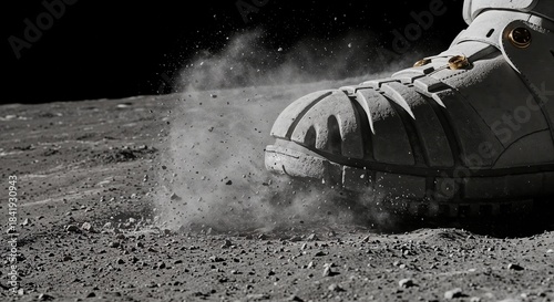A close-up view of a rugged astronaut boot stepping onto a dusty lunar surface, kicking up fine grey particles under a deep black sky.